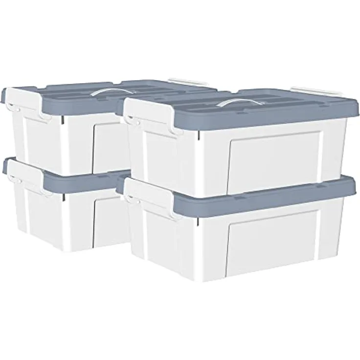 Cetomo 15 l x 4 Kunststoff-Aufbewahrungsbox, Tragetasche, Organisationsbehälter mit robustem Deckel und sicheren Verriegelungsschnallen, stapelbar und stapelbar, 4 Stück, weiß