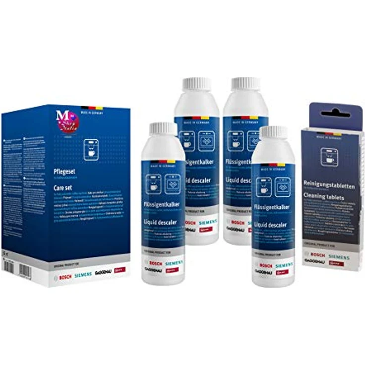 Bosch Entkalker 312015, Flüssigentkalker 4x250ml & 10 Reinigungstabletten für Kaffeemaschinen, umweltschonend und biologisch abbaubar – Bild 1