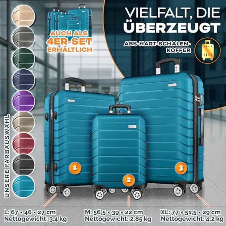 tillvex® Reisekoffer Set 3-TLG. Hartschalenkoffer S-M-L-XL mit 4 Rollen, TSA Schloss, Gepäckwaage, Koffergurte & Kofferanhänger, Türkis – Bild 5