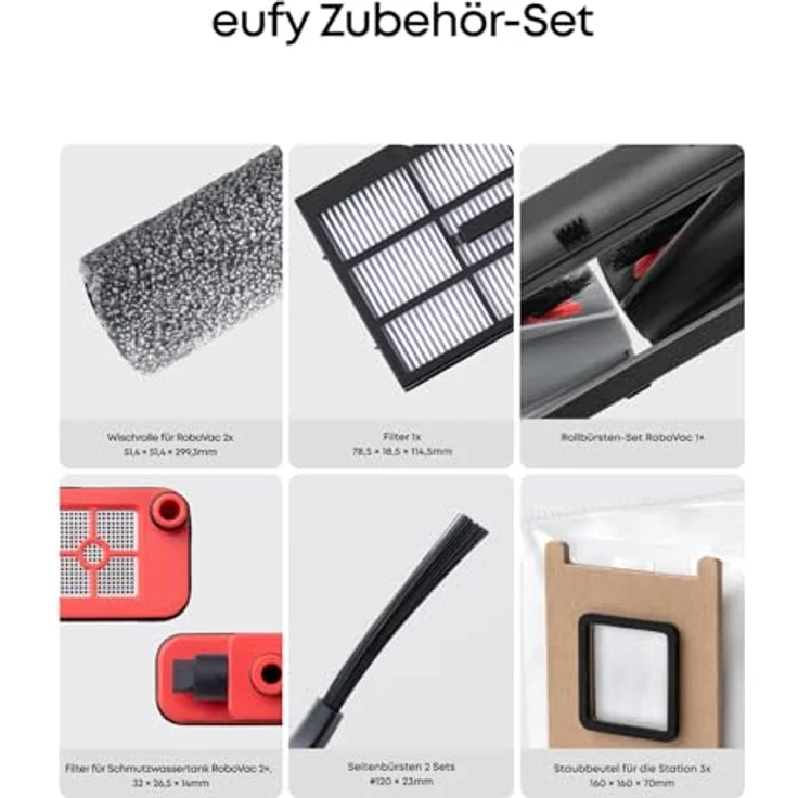 eufy Zubehörset für Saugroboter E25/E28, 2x Seitenbürsten, Rollbürste, Luftfilter, Schmutzwassertank-Filter, inkl. 3 Staubbeutel – Bild 3