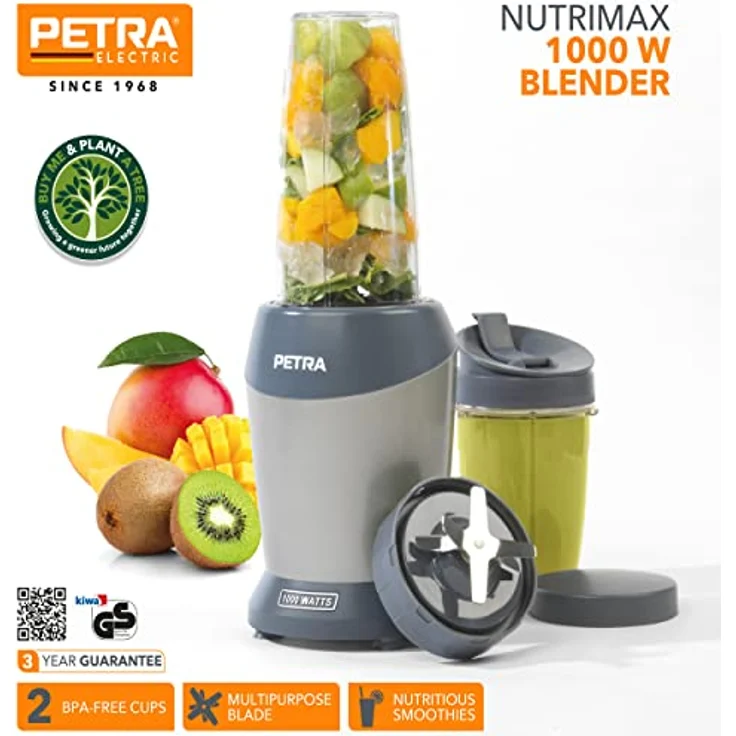 Petra PT2002V4SILVERVDEEU7 NutriMax Mehrzweck-Smoothie-Kaffeemaschine, Saftmixer, 2 Mischbehälter (800 ml/1 l), Trinkverschluss, Aufbewahrungsdeckel inklusive, BPA-frei, Cocktailmischer, 1000W – Bild 2