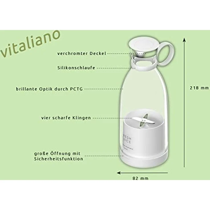 vitaliano Mixer Smoothie Maker to go, 350 ml, deutsche Anleitung, kabellos tragbar in Flaschenform & USB Ladestation für frische Smoothies, Babynahrung beim Picknick, Sport, Urlaub oder im Büro – Bild 2