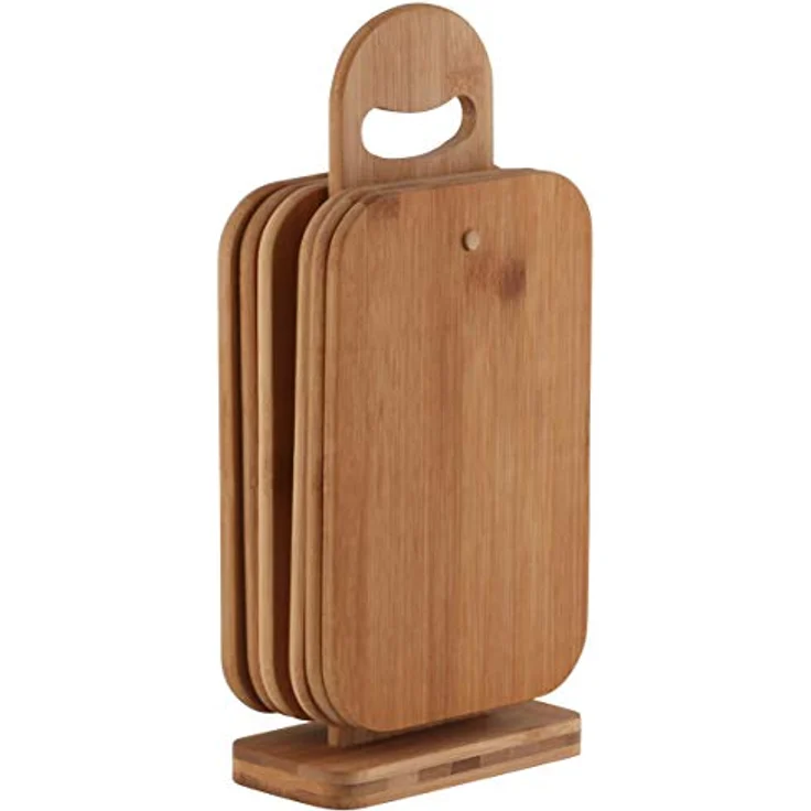 Axentia Schneidebrett-Set 7 teilig - 6 Brettchen aus Bambus-Holz - Brettchenständer mit Frühstücksbrettchen - Holzbrett hohe Schnittfestigkeit & schonend für Messerklinge - Brett für Küche – Bild 2