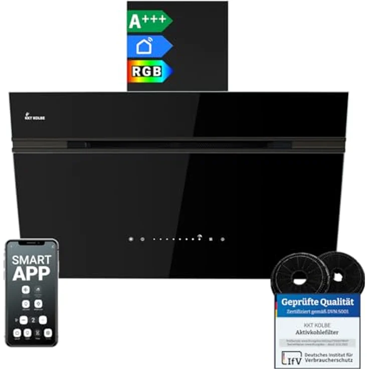 KKT KOLBE AURORA8005FB Dunstabzugshaube 80 cm, A+++ Energieeffizienz, 782 cbm/h, Umluft/Abluft, Schwarz Glas, Smart WiFi, SensorTouch, RGBW LED-Beleuchtung, Nachlaufautomatik – Bild 1
