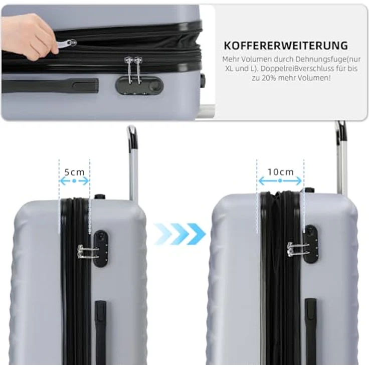 BEIBYE Kofferset, Hartschale Trolley mit 4 Zwillingsrollen, integriertes Sicherheits-Zahlenschloss, erweiterbar für 25% mehr Volumen, Handgepäck (M, Silber) – Bild 2