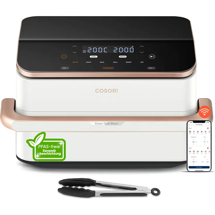 COSORI Dual Blaze TwinFry Heißluftfritteuse CAF-TF101-WEUR, 10 L, 2800 W, Keramikbeschichtung, bis 240 °C, mit Trennwand & 2 Knusper-Platten, weiß