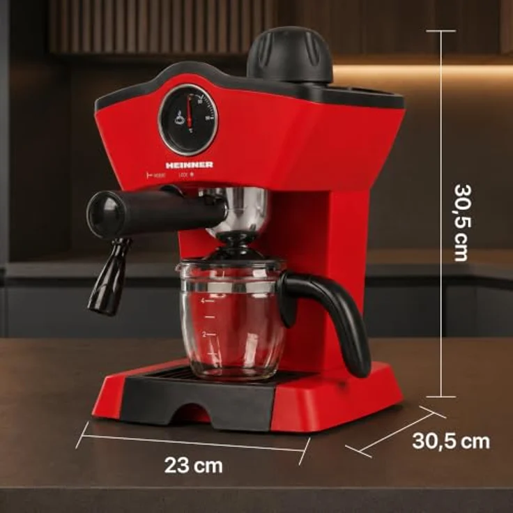 Heinner HEM-200RD, Espressomaschine mit 800 W, 0,25 l Wassertank, Edelstahlfilter und Glaskanne, Rot – Bild 12
