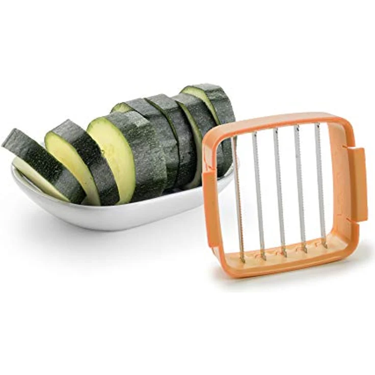 Genius Nicer Dicer Quick Zerkleinerer für Obst und Gemüse | 5 in 1 Multischneider mit austauschbaren Messereinsätzen | 30 Würfel oder 10 Scheiben mit einem klick (Orange), Edelstahl, 8 x 12 x 21 cm – Bild 9