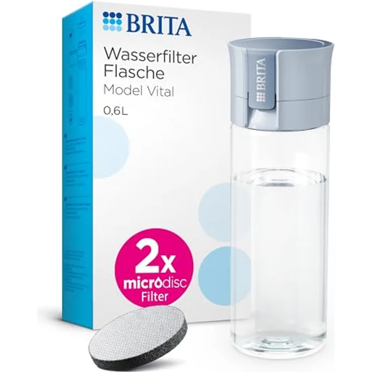 BRITA Wasserfilter Flasche Model Vital hellblau (600ml) inkl 2 MicroDisc Filter - Praktische Trinkflasche mit Wasserfilter für unterwegs, filtert Chlor & Bakterien beim Trinken-spülmaschinengeeignet