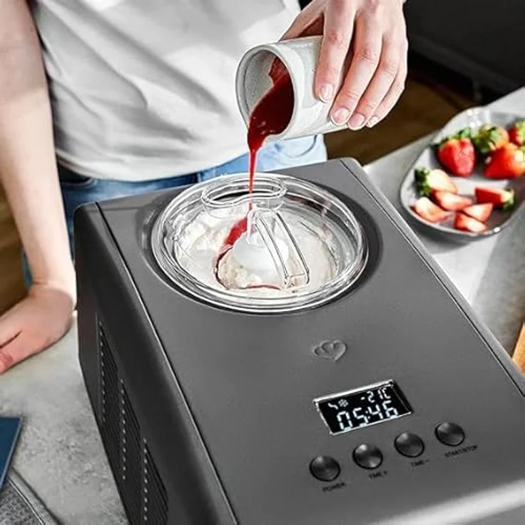 Springlane Kitchen Eismaschine Emma 1,5 L mit selbstkühlendem Kompressor 150 W, aus Edelstahl, inkl. Rezeptheft (Anthrazit, Emma Anthrazit + 4 Eisbehälter Mini Grau) – Bild 5