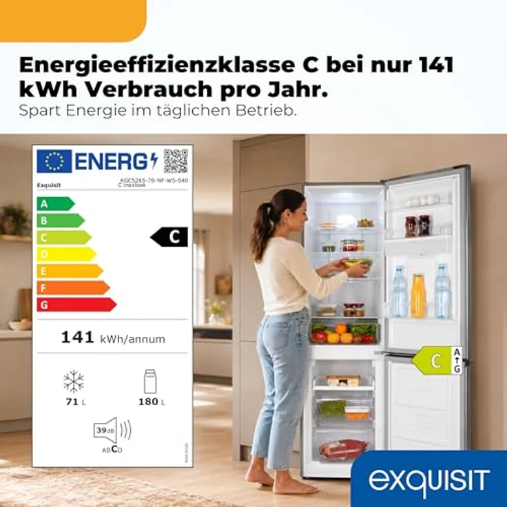 Exquisit Kühl-Gefrierkombination KGC5265-70-NF-WS-040C, 251 l, No Frost, Wasserspender, Energieklasse C, leise 39 dB, inoxlook, schmal 54 cm – Bild 2