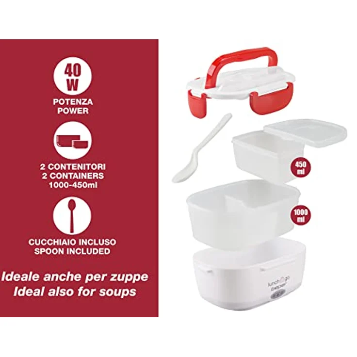 Beper Lunch & Go - Wärmende Lunchbox, tragbarer elektrischer Speisenwärmer, 2 herausnehmbare Behälter, Stahlheizplatte, mitgeliefertes Plastikbesteck, 220 V - Rot – Bild 3