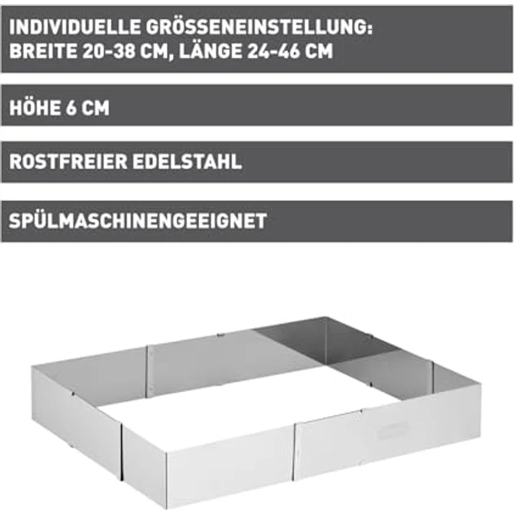 Kaiser Ptisserie Dekorierrahmen, ausziehbar, 24-46 x 20- 38 x 6 cm, Backrahmen verstellbar eckig, Edelstahl, spülmaschinengeeigent – Bild 3