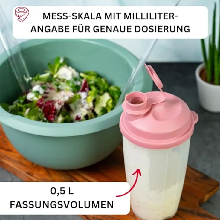 Westmark Mix- und Schüttelbecher/Dressingshaker, 0,5 l mit Mess-Skala, herausnehmbarer Mixscheibe und verschließbarem Ausgießer, Kunststoff, BPA-frei, Transluzent/Rosa – Bild 3