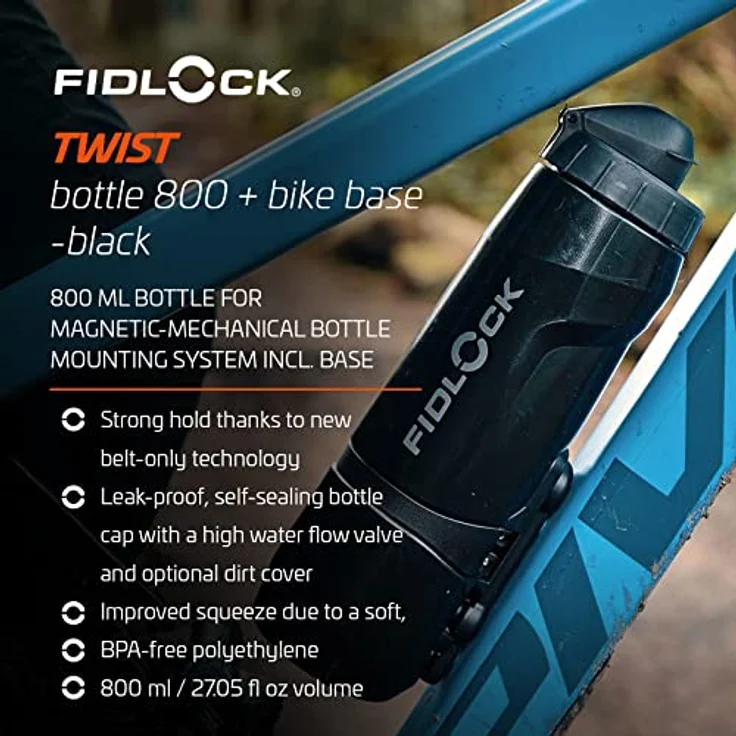 Fidlock Trinkflasche TWIST, 800 ml, schwarz, inkl. bike base, BPA-freies Polypropylen, spülmaschinengeeignet – Bild 3