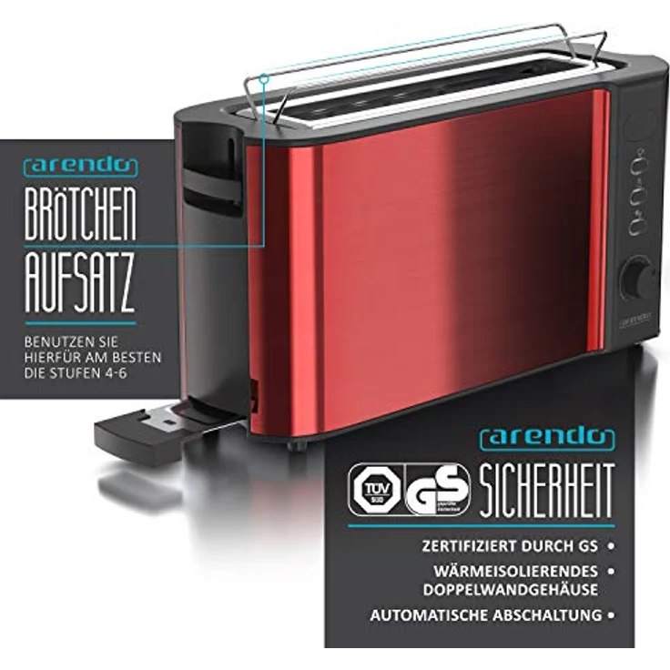 Arendo Toaster Langschlitz 2 Scheiben 1000W Karminrot Metallic - Defrost Funktion - Doppelwandgehäuse - Bräunungsgrade 1-6 - Display mit Restzeitanzeige – Bild 2