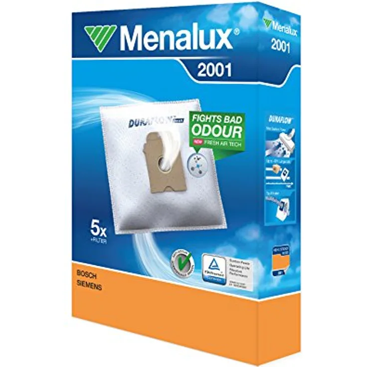 Menalux 9001961425 Duraflow Synthetik-Staubbeutel, weiß, 5 Stück + 1 Microfilter, TÜV geprüft auf Saugleistung und Filterwirkung