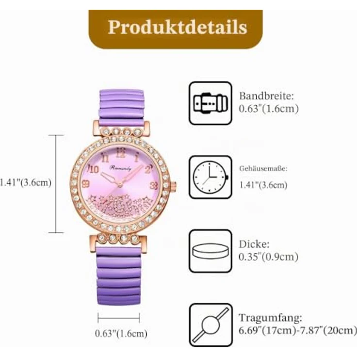 JewelryWe Damenuhr Elastisch Diamant Uhr, Violett Edelstahl Armbanduhr mit Zirkonia und Analog Quarzwerk, leicht ablesbare Digitalskala – Bild 5