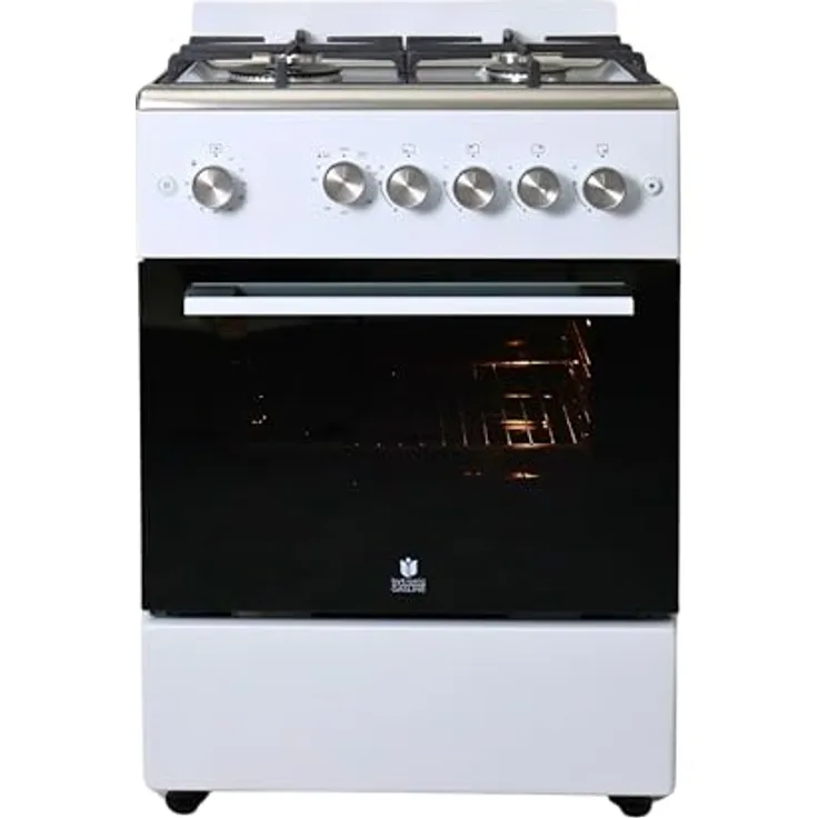 Gasline SHGG6060FGWW Gasstandherd Gaskochfeld WOK Brenner, Gasbackofen mit Timer und Thermostat, 60 cm Edelstahl/Weiß Erdgas LPG