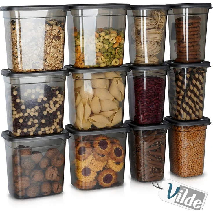 Vilde Vorratsbehälter Set, 12er Aufbewahrungsbehälter mit Deckel, Kunststoff, transparent Dunkelgrau, 1 L / 1,85 L, stapelbar und spülmaschinenfest