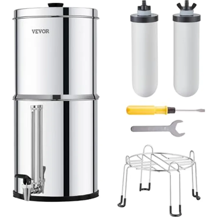 VEVOR Schwerkraft Wasserfiltersystem Edelstahl, 7,8+8,5L Wasserfiltrationssystem mit 2 Keramik-Kohlefiltern, reduziert Blei und bis zu 99 % Chlor