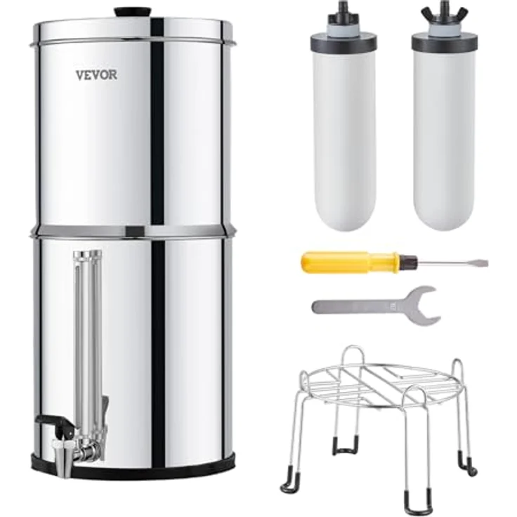 VEVOR Schwerkraft Wasserfiltersystem Edelstahl, 7,8+8,5L Wasserfiltrationssystem mit 2 Keramik-Kohlefiltern, reduziert Blei und bis zu 99 % Chlor – Bild 1