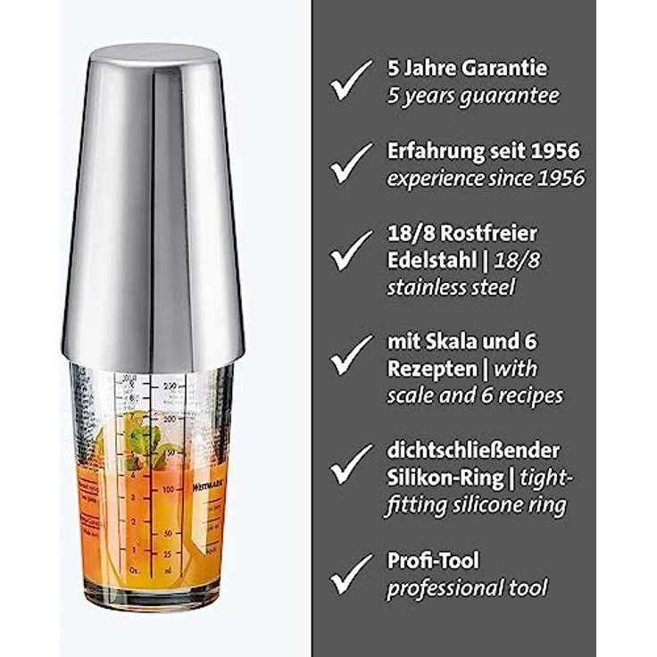 Westmark Boston Shaker Boogie – Cocktail Shaker mit Skala, professioneller Cocktail-Mixer, Bar Zubehör, inkl. Rezepte zum Mixen von Margarita und mehr – Edelstahl, 350 ml – Bild 2