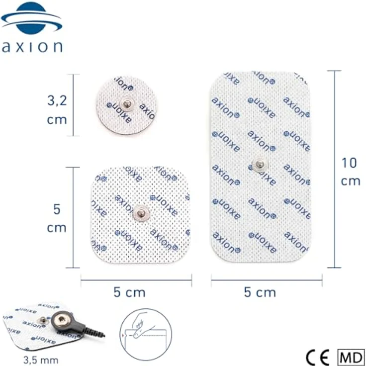 Axion Elektrodenpads für TENS EMS, 12 St. selbstklebend, 10x5cm (4), 5x5cm (4), 3.2cm rund (4), 3.5mm Druckknopfanschluss – Bild 2