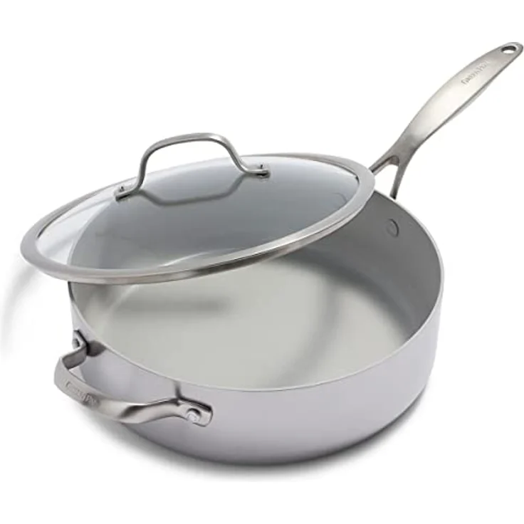 GreenPan Venice Tri-Ply 28cm/4.8l Schmorpfanne mit Hilfsgriff und Deckel, Gesundes Antihaft-Kochgeschirr aus Edelstahl, PFAS-frei, Mehrschichtig, Induktion, Spülmaschinenfest, Backofenfest, Silber – Bild 1