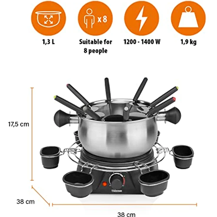 Tristar Fondue-Set für bis zu 8 Personen, 1,3 Liter Fassungsvermögen, inklusive Edelstahlgabeln und Saucenring, 1400 Watt, FO-1109, Silber, Schwarz – Bild 3