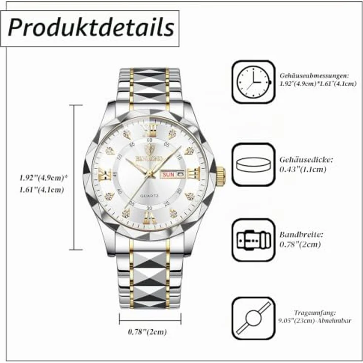 JewelryWe Herrenuhr Edelstahl Analog Quarz, leuchtend, 30m wasserdicht, Kalender, Gold/Silber Edelstahlarmband, römische Ziffern, Diamantskala – Bild 4