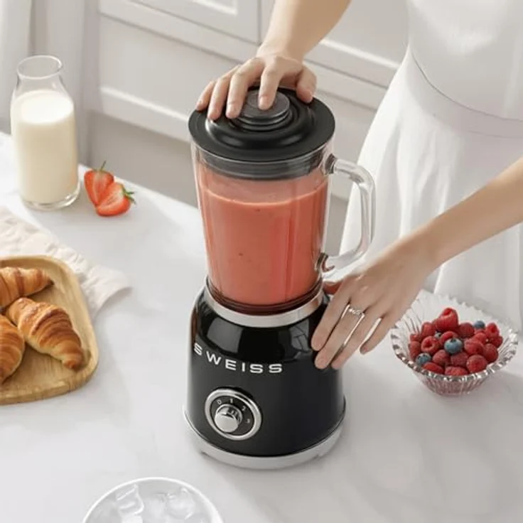 SWEISS Standmixer Smoothie Vintage MXV9, 1000 W, 2 Geschwindigkeitsstufen, Pulsfunktion, 1,5 l Glasschüssel, 6 Edelstahlklingen, Schwarz – Bild 2