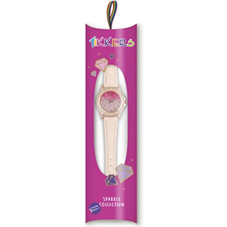 Tikkers Unisex Kinder Uhr TK0176, rosa Glitzer-Zifferblatt mit pinkem PU-Armband und roségoldener Schnalle, Edelstahlgehäuse mit Steinbesatz – Bild 3