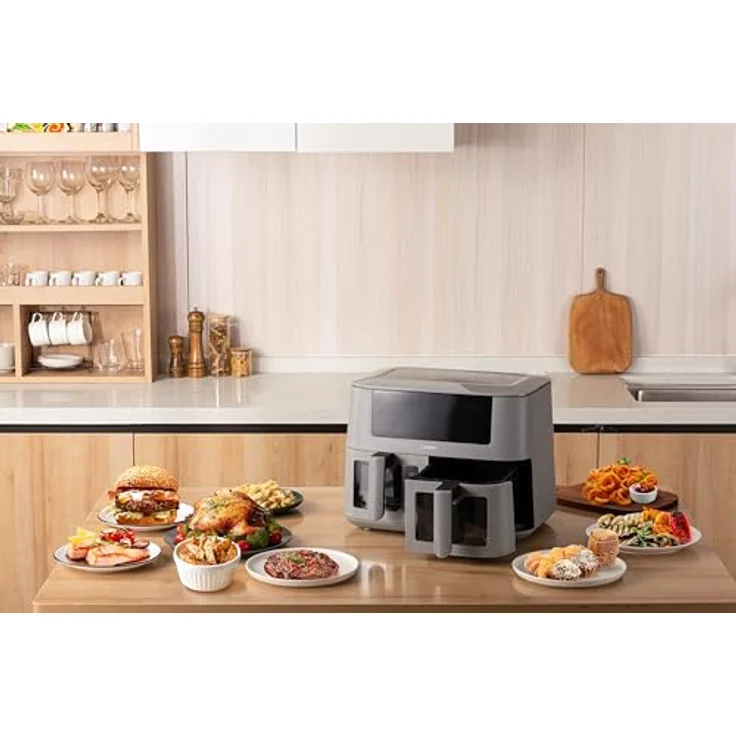 Linsar Dual Zone Heißluftfritteuse mit Doppelkammer, 8L Air Fryer 2 Körben mit Sichtfenster, Touchscreen,9 Presets,Dual Cook, Synchronisieren Fertig Technik, 2570-3040 Watt (Grau) – Bild 4