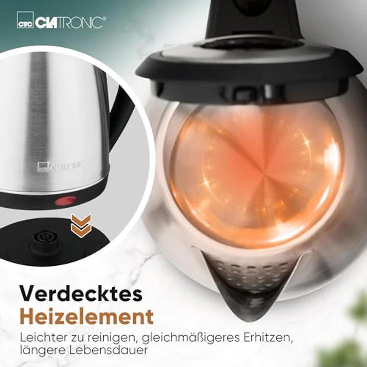 Clatronic WKS 3830, Wasserkocher Edelstahl 1,7 Liter, BPA-frei, 2200W, verdecktes Heizelement, Kabelaufwicklung – Bild 4