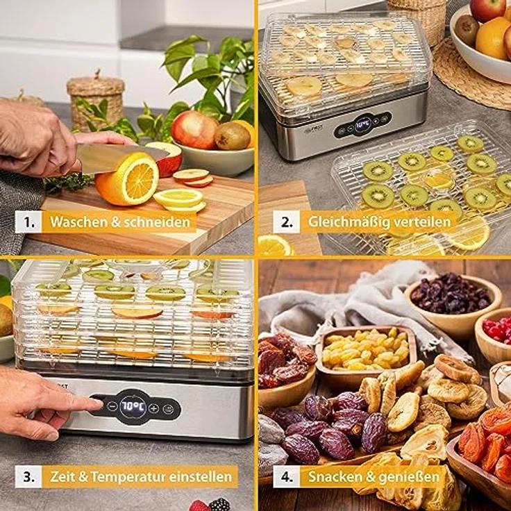 TZS First Austria Dörrautomat | Dörrgerät für Obst, Kräuter, Pilze & Fleisch | digital mit Timer & Temperaturregler 35-70°C | 5 Etagen, Einlageböden aus Kunststoff BPA frei, Dörrapparat mit Zeitschaltuhr – Bild 5