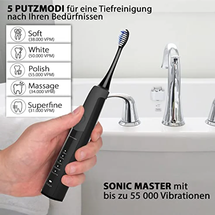 Tristan Auron Sonic Master Schallzahnbürste - Elektrische Zahnbürste mit 55.000 Schwingungen, 5 Reinigungsmodi & 2 Bürstenköpfen, USB Ladestation, leise (Schwarz) – Bild 3