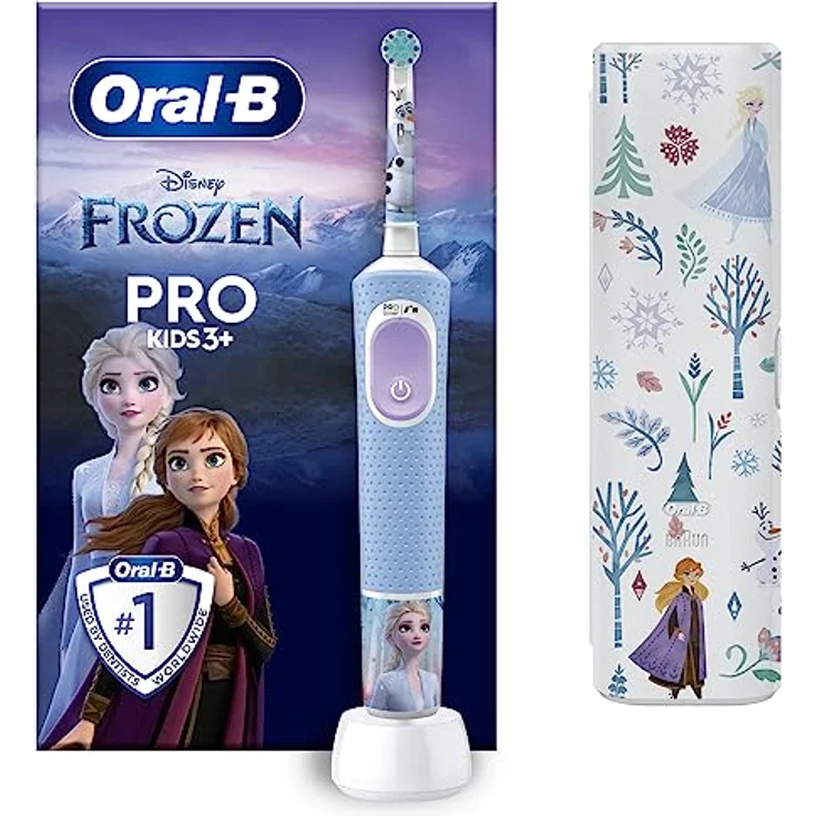 Oral-B Pro Kids Frozen Elektrische Zahnbürste/Electric Toothbrush, Kinder ab 3 Jahren, inkl. Sensitiv+ Modus für Zahnpflege, extra weiche Borsten, 1 Aufsteckbürste, 1 Reiseetui, 4 Sticker, blau/lila – Bild 1