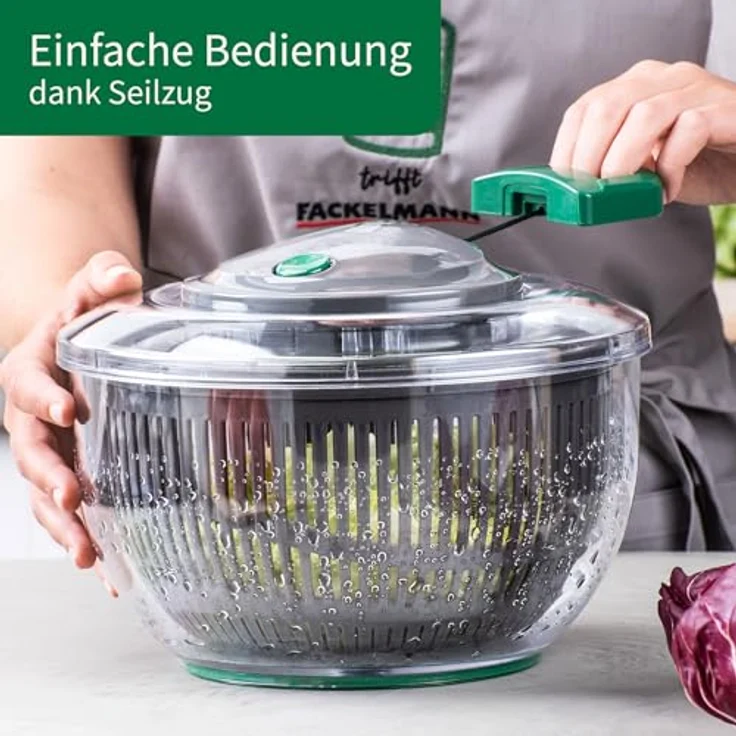 FACKELMANN Chefkoch Salatschleuder mit Seilzug und Stopp-Taste, Salat Spinner zum Waschen & Trocknen, inkl. herausnehmbarem Sieb, 24,5 cm, Kunststoff – Bild 4
