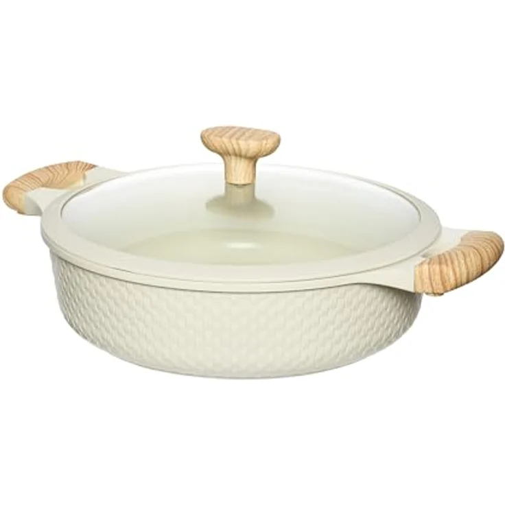 RESTO 93806 Bräter Ø28cm beige, 4,1L, antihaftbeschichtet, Induktion, mit Glasdeckel und ergonomischen Holzoptikgriffen, im Geschenkkarton – Bild 1