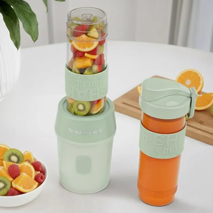 SWEISS Mini-Mixer MOOV7, Tragbarer Smoothie-Mixer mit 300 W, 2 Trinkflaschen à 570 ml, 4 Edelstahlklingen, spülmaschinengeeignet, Grün – Bild 2