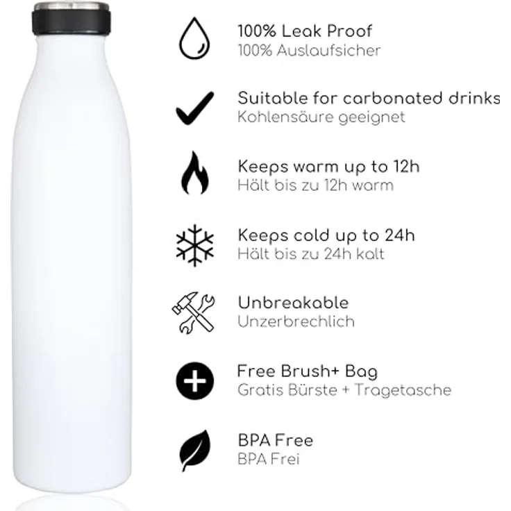 Milu Edelstahl Trinkflasche 500ml – Isolierte Wasserflasche, doppelwandig, auslaufsicher, kohlensäuregeeignet, inkl. Reinigungsbürste (Weiß) – Bild 2
