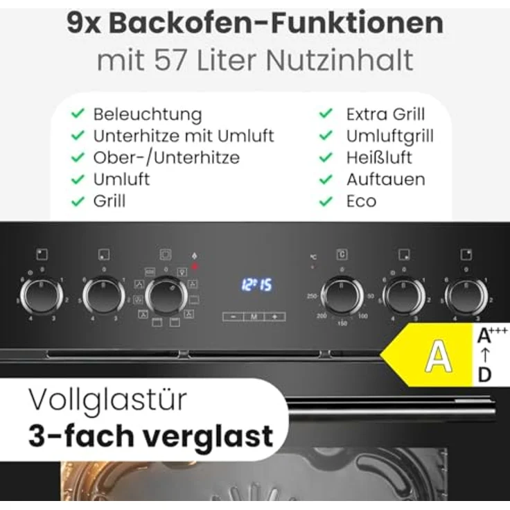 Bomann® EHBC 7938, Herd-Kochfeld-Kombination 60cm mit Grill und Heißluft, Energieklasse A, 9 Funktionen, 57L Backofen, Glaskeramik-Kochfeld – Bild 3