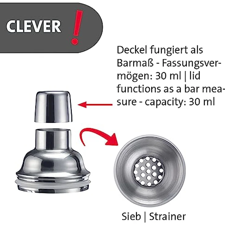 Westmark Cocktail Shaker Sam – Shaker mit Skala und Sieb, professioneller Cocktail-Mixer, Bar Zubehör, inkl. Rezepte zum Mixen von Margarita und mehr – Edelstahl, Glas, 400 ml – Bild 4
