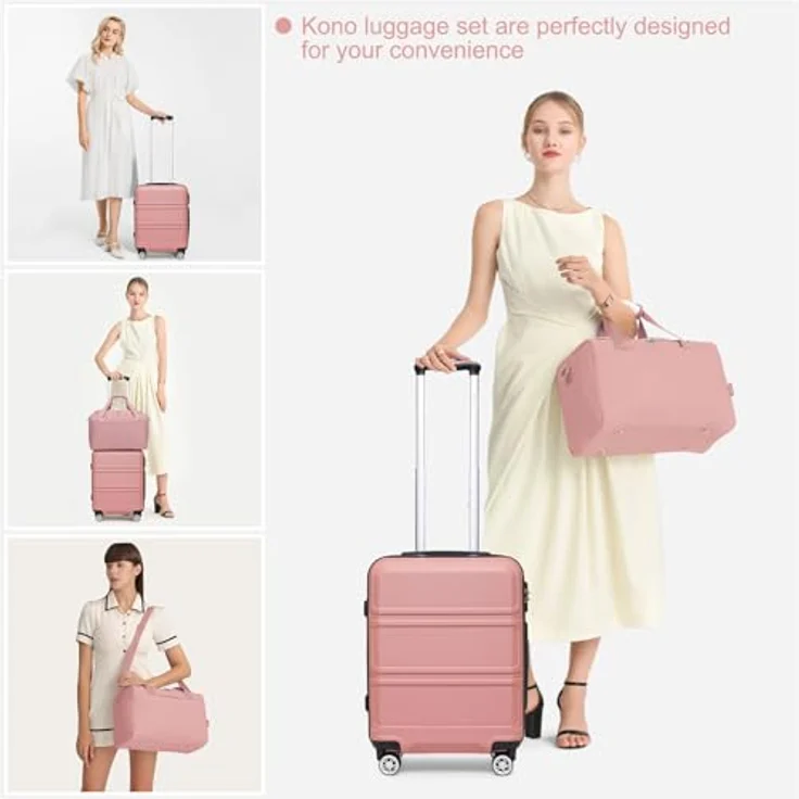 KONO 55cm Handgepäck-Koffer Trolley Set, 2-teilig mit Ryanair Reisetasche, 38L Hartschalenkoffer und 20L Handtasche, Rosegold – Bild 5