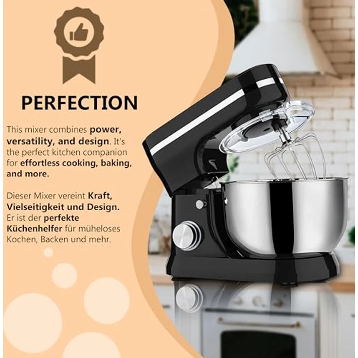 Retoo Küchenmaschine 3 in 1 mit Edelstahl-Schüssel 6 L 2000 W, 6 Stufen, Planetarischer Bewegung, 3 Aufsätze, Spritzschutz, Geräuscharm – Bild 2