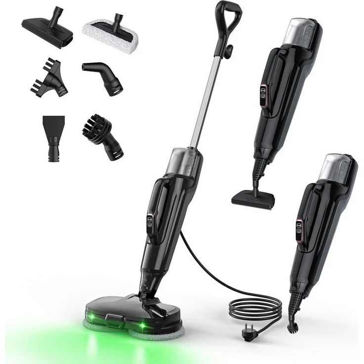 lubluelu Dampfreiniger JJ-SC-053A, Handdampfreiniger 1380 W mit 6-in-1 rotierenden Pads, beutellos, für verschiedene Bodenarten