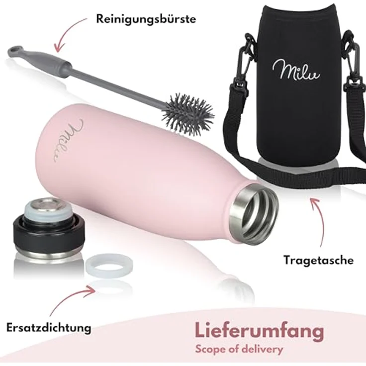 Milu Edelstahl Trinkflasche 350ml – Auslaufsichere Thermosflasche für Kinder und Erwachsene, kohlensäuregeeignet, Rosa, inklusive Reinigungsbürste – Bild 5