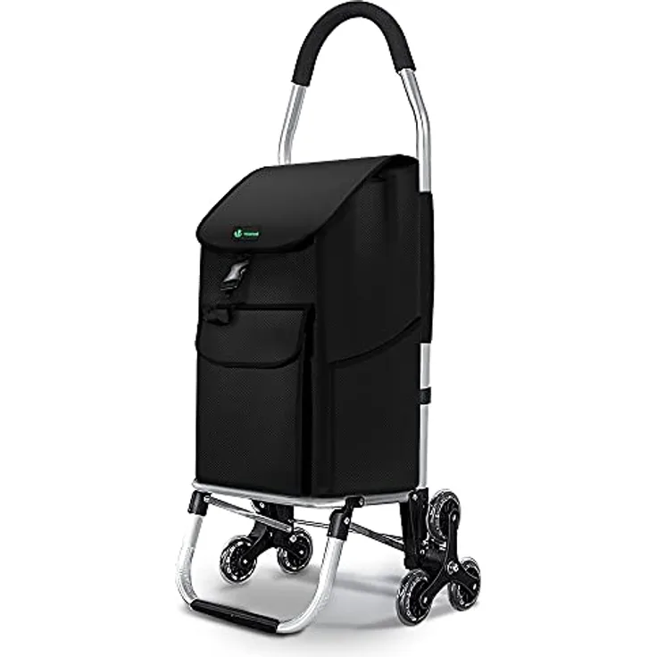 VOUNOT Aluminium Einkaufstrolley Treppensteiger, Trolly Einkaufswagen Klappbar, Hackenporsche mit 6 Räder, Wasserdicht, 45L, Schwarz