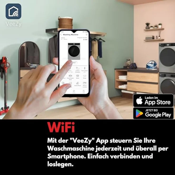 VESTEL WMI 99342 MB WIFI, Frontlader Waschmaschine, 9 kg, 1400 U/min, Inverter-Motor, Dampf, WiFi, AquaStop+, mattschwarz – Bild 5